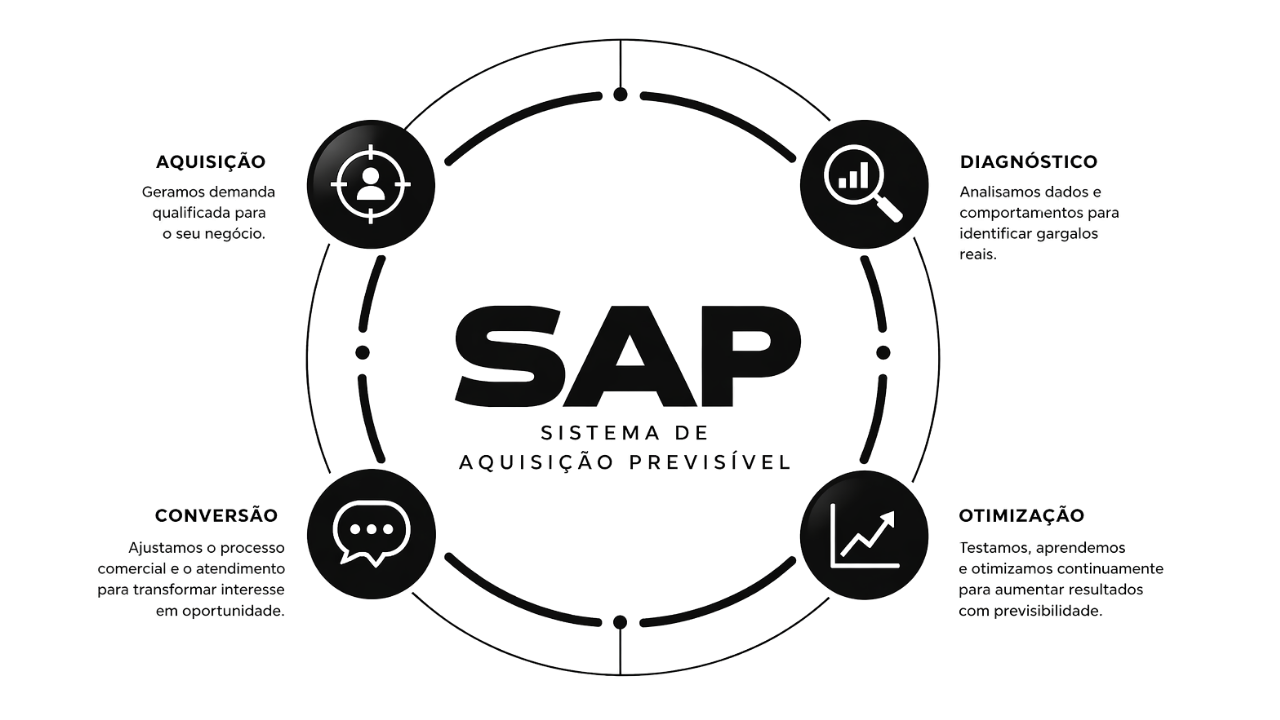Diagrama do SAP: integração entre aquisição, análise de conversas, atendimento e conversão em um fluxo contínuo.